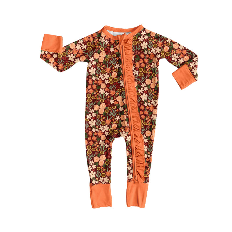 4.17  Orange Floral Baby Zip Romper - Long Sleeve Sleeper with Ruffle Zipper Preorder