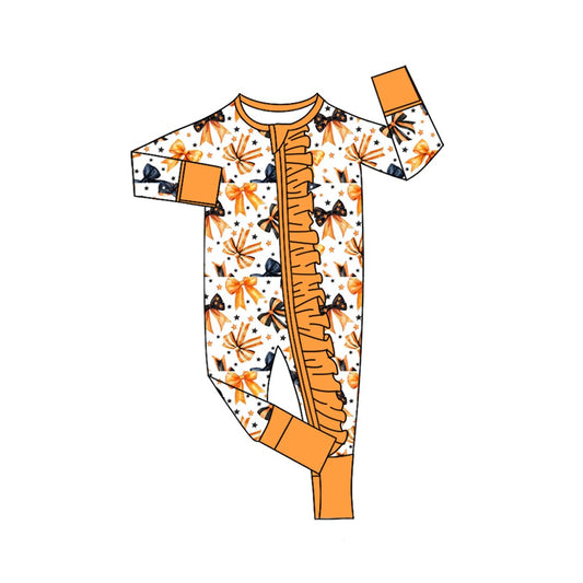 4.17 LR3020 Preorder Orange Black Bows Print Baby Girls Zipper Sleeper Romper