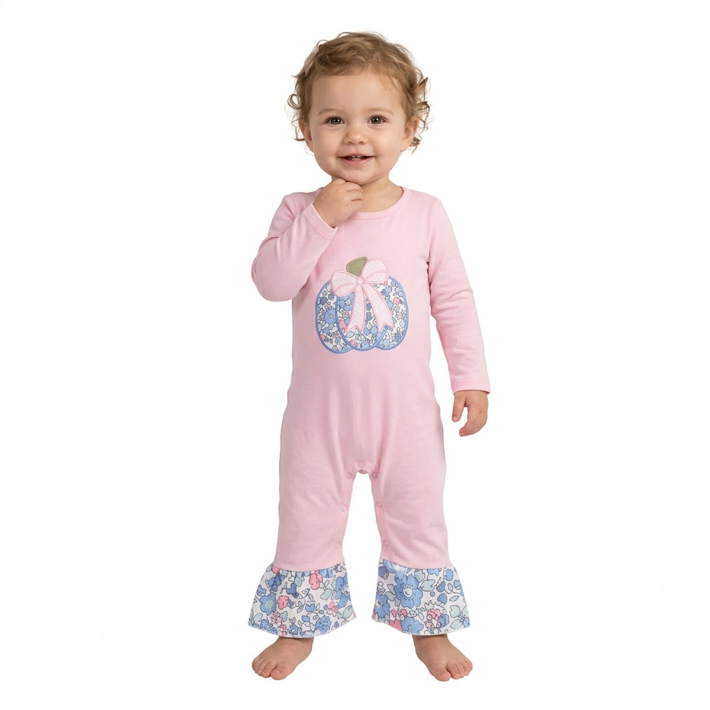 LR3021 Flowers Pumpkin Embroidery Baby Girls Fall Pink Romper