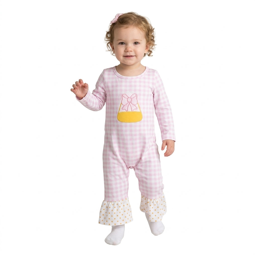 LR3022 Candy Embroidery Pink Checkered Baby Girls Halloween Romper