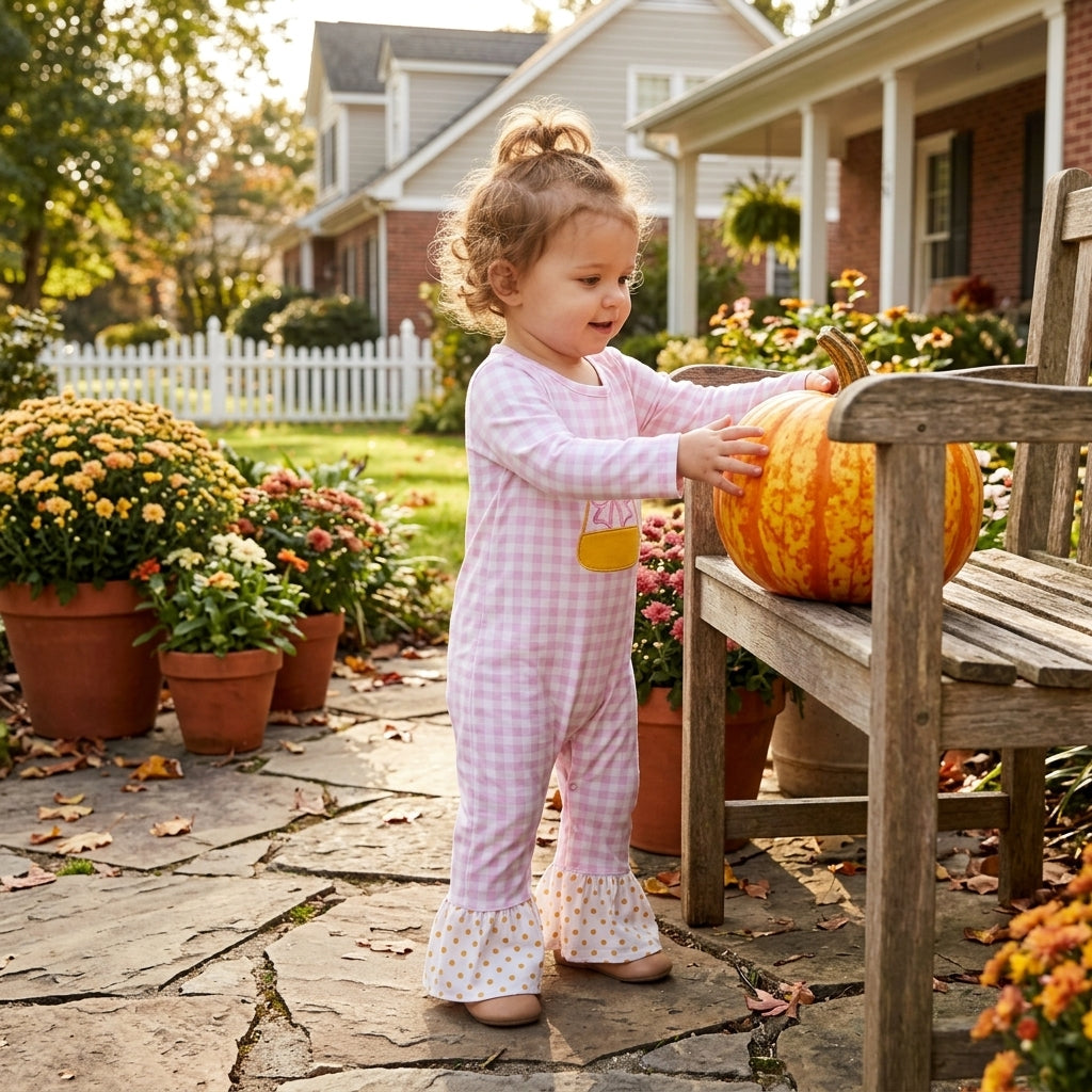 LR3022 Candy Embroidery Pink Checkered Baby Girls Halloween Romper