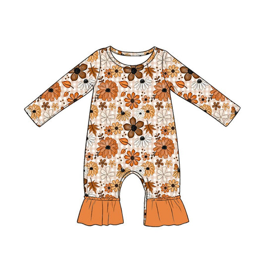 4.20 Baby Girls Fall Sunflower Floral Long Sleeve Romper With Ruffle Preorder