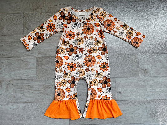 4.20 Baby Girls Fall Sunflower Floral Long Sleeve Romper With Ruffle Preorder