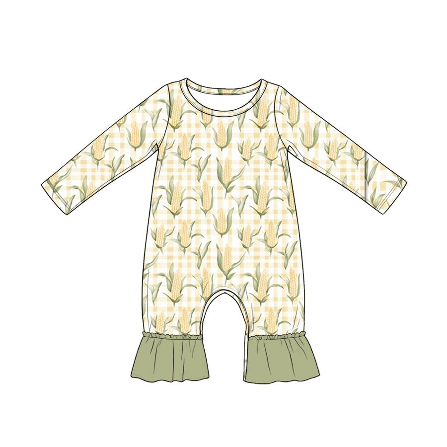 4.20 Baby Girls Corn Print Yellow Gingham Long Sleeve Romper With Ruffle Preorder