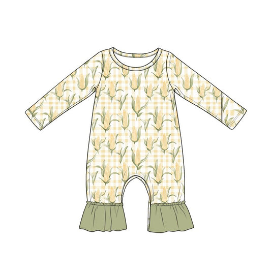 4.20 Baby Girls Corn Print Yellow Gingham Long Sleeve Romper With Ruffle Preorder