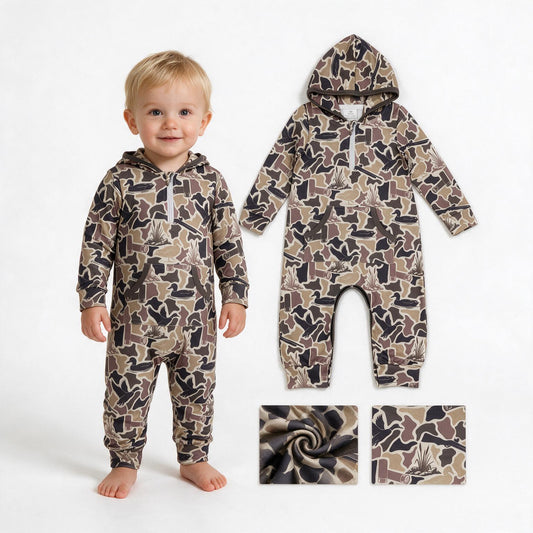 LR3029 Duck Brown Camo Print Baby Boys Zipper Pocket Hoodie Romper