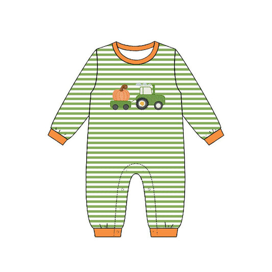 4.23 Baby Boy Tractor Pumpkin Green Striped Long Sleeve Romper Preorder