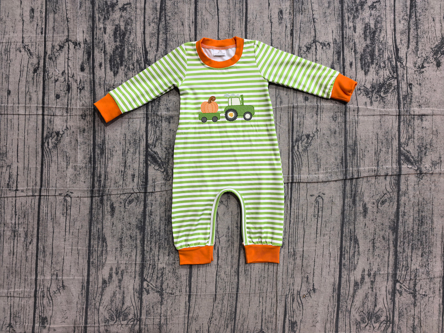 4.23 Baby Boy Tractor Pumpkin Green Striped Long Sleeve Romper Preorder