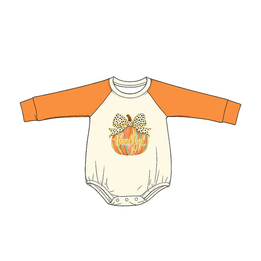 4.25 LR3039 Pumpkin Thankful Print Baby Girls Fall Romper