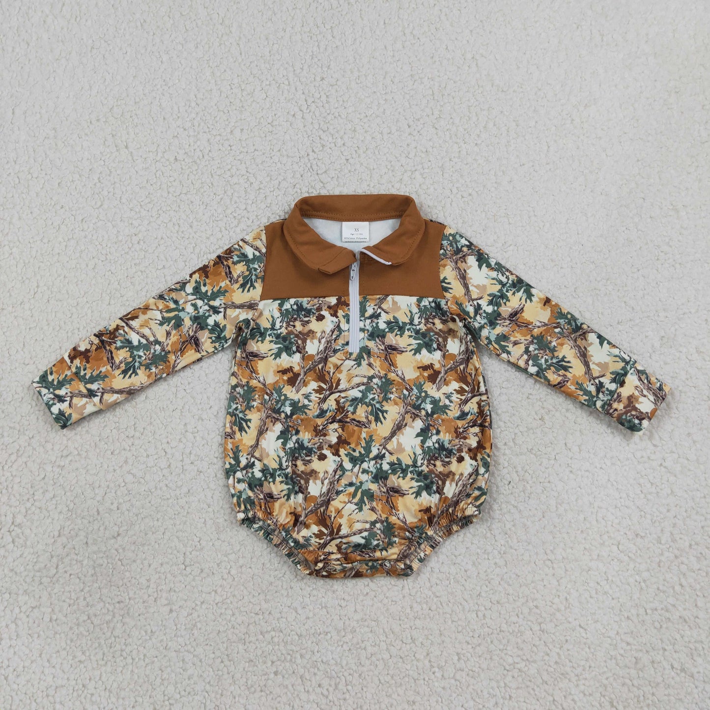 LR3048 Khaki Green Branch Camo Baby Boys Sweatshirt Zipper Romper