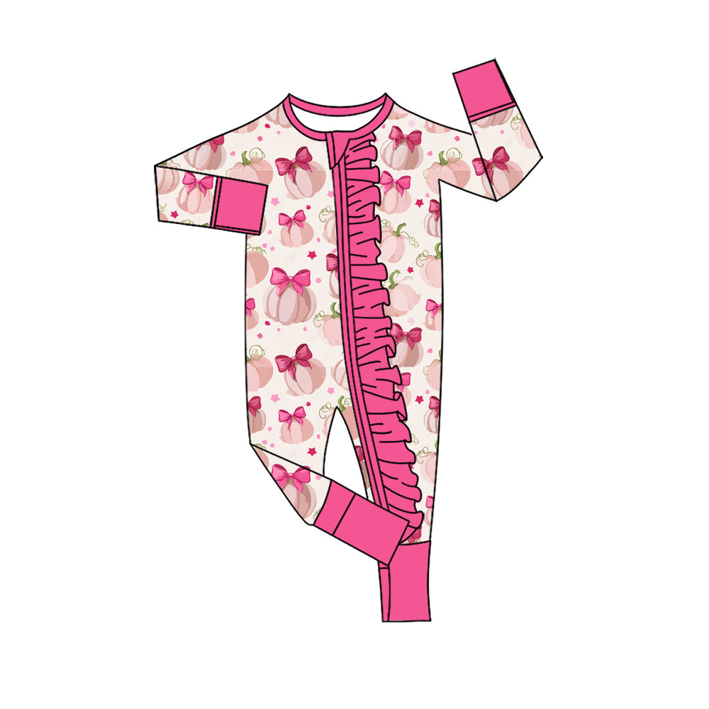 4.28 LR3056 Pumpkin Bows Baby Girls Fall Zipper Sleeper Romper Preorder