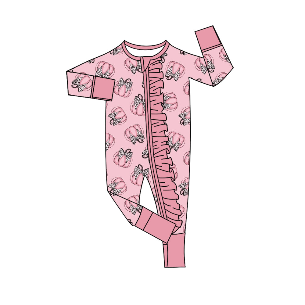 4.28 LR3057 Pumpkin Bows Leopard Baby Girls Fall Zipper Sleeper Romper Preorder