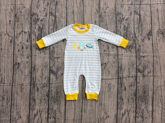 4.28 Baby Space Rocket Sleeper - Blue Striped Footless Romper with Yellow Trim Preorder