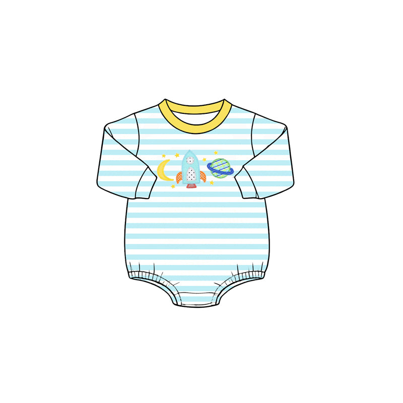 4.28 Baby Space Rocket Bubble Romper - Blue Striped Long Sleeve Onesie Preorder
