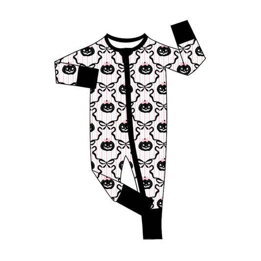 5.1 LR3067 Pumpkin Bows Stripes Baby Girls Halloween Zipper Sleeper Romper Preorder