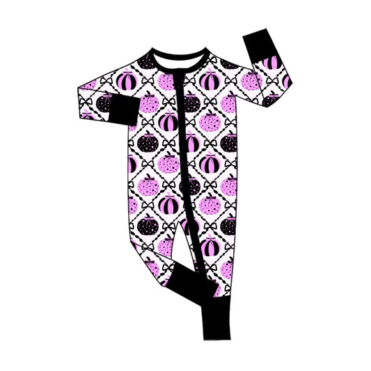 5.1 LR3068 Pumpkin Bows Baby Girls Fall Zipper Sleeper Romper Preorder