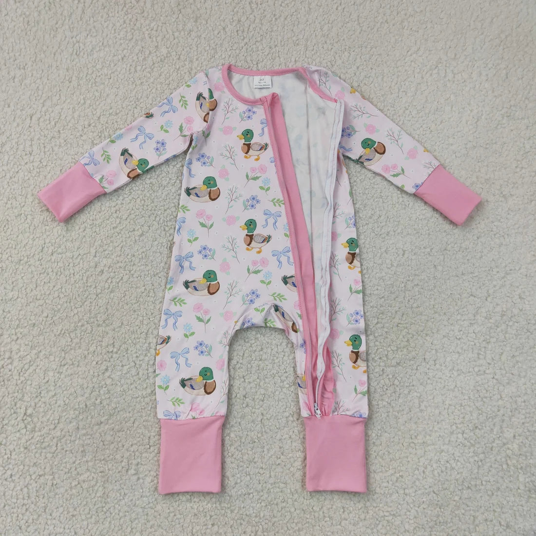 Sibling Baby Girls Flowers Bows Ducks Pink Scallop Shorts Set Zipper Romper