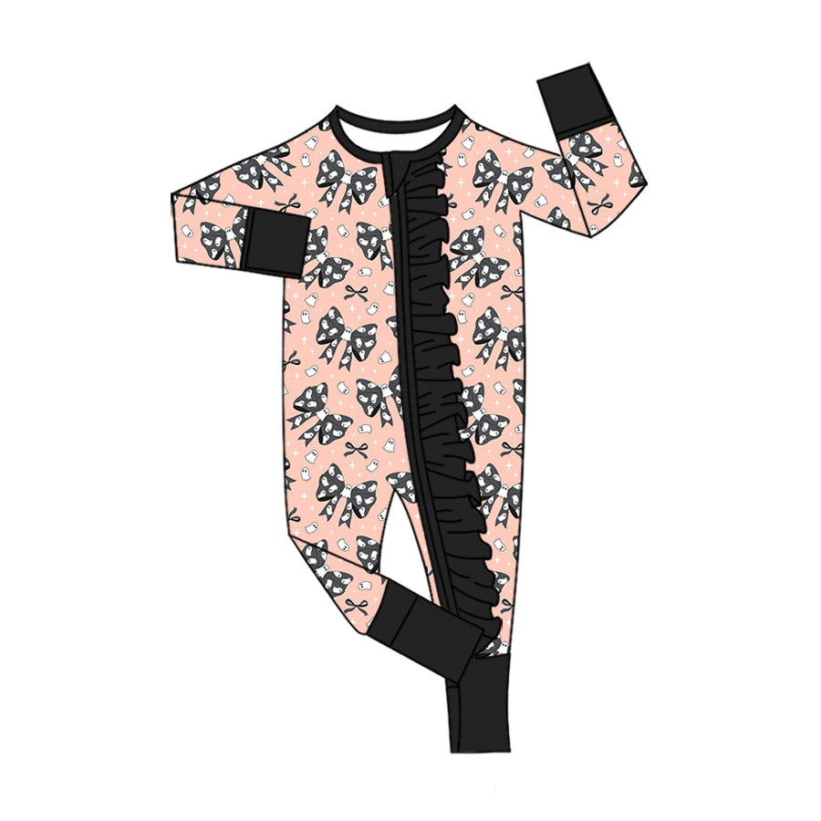 5.13 Baby Girls Halloween Polka Dot Bow & Ghost Long Sleeve Zipper Romper Preorder