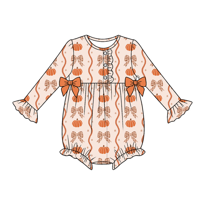 5.18 Baby Girls Pumpkin Bow Print Long Sleeve Bubble Romper
