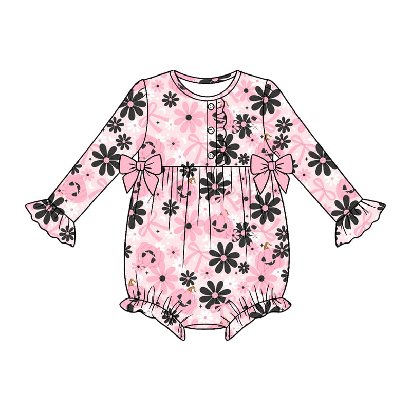5.18 Baby Girls Pink Pumpkin Bow Print Long Sleeve Bubble Romper