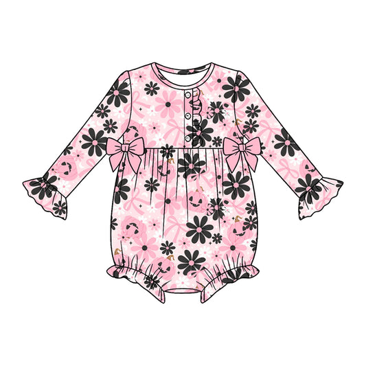 5.18 Baby Girls Pink Pumpkin Bow Print Long Sleeve Bubble Romper