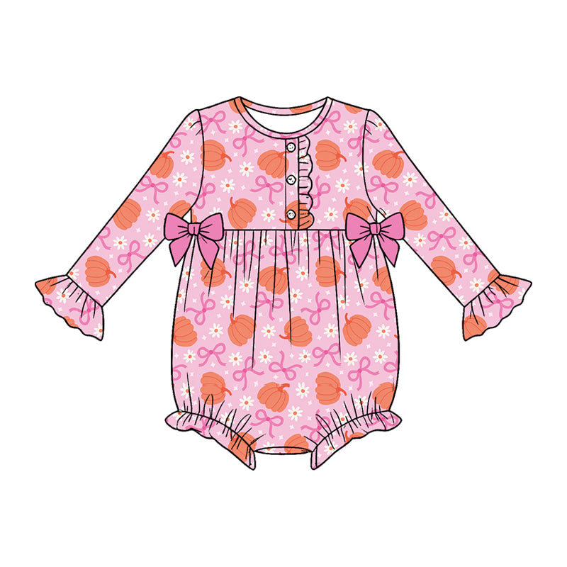 5.18 Baby Girls Orange Pumpkin Bow Print Long Sleeve Bubble Romper