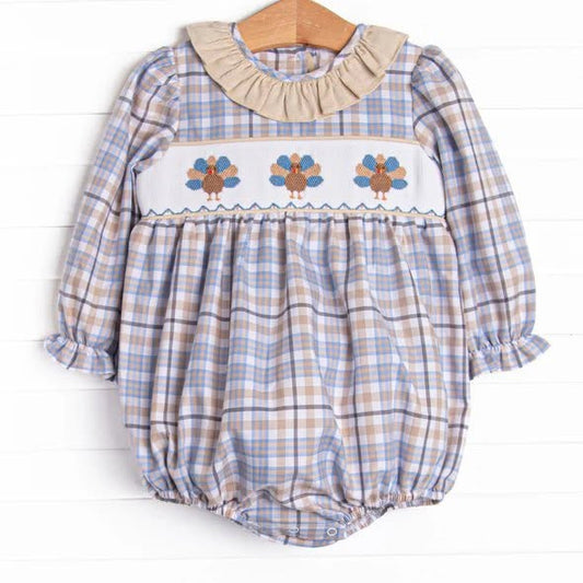 6.18 Preorder LR3103 Turkey Khaki Blue Plaid Print Baby Girls Thanksgiving Romper