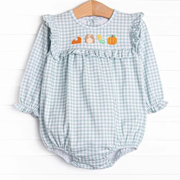 6.18 Preorder LR3104 Turkey Pumpkin Plaid Print Baby Girls Thanksgiving Romper