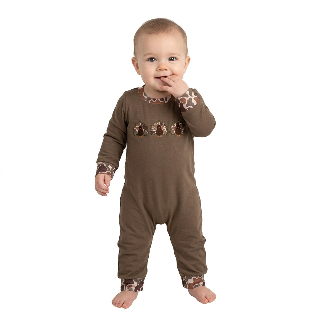 LR3108  Turkey Embroidery Brown Camo Baby Boys Thanksgiving Romper