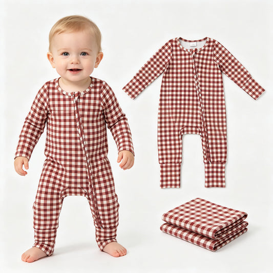 LR3113 Brown Checkerd Baby Long Sleeve Zipper Sleeper Romper