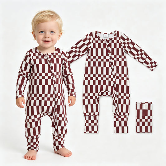 LR3114 Brown White Checkerd Baby Long Sleeve Zipper Sleeper Romper