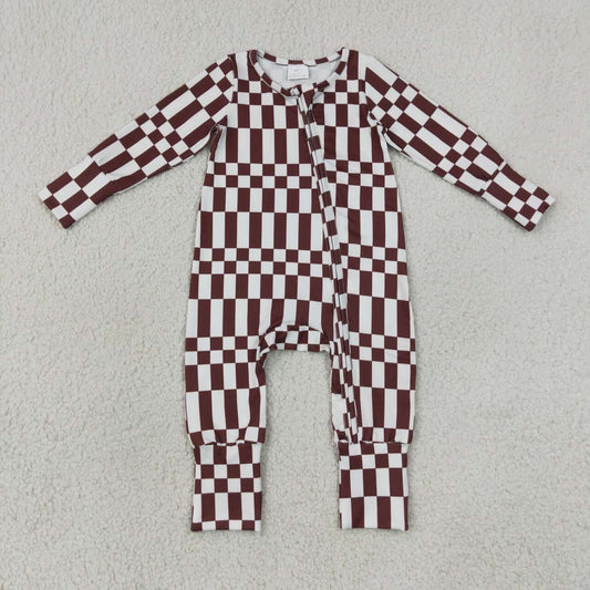 LR3114 Brown White Checkerd Baby Long Sleeve Zipper Sleeper Romper