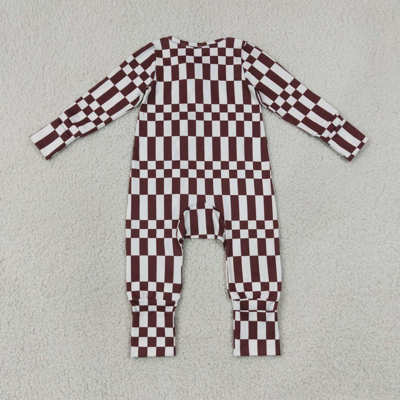 LR3114 Brown White Checkerd Baby Long Sleeve Zipper Sleeper Romper