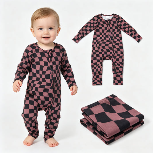LR3115 Brown Black Wavy Checkered Baby Long Sleeve Zipper Sleeper Romper