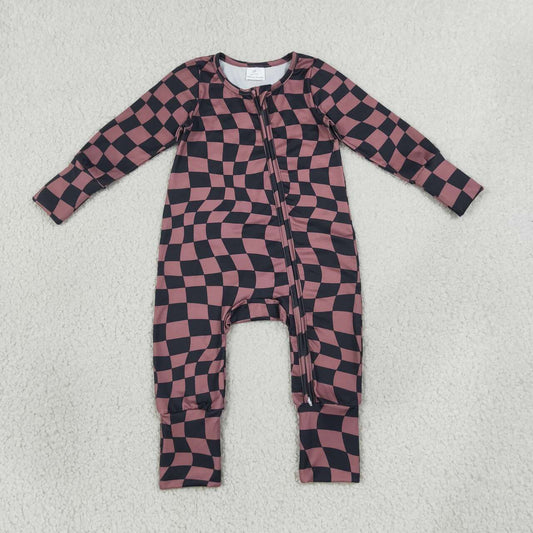LR3115 Brown Black Wavy Checkered Baby Long Sleeve Zipper Sleeper Romper