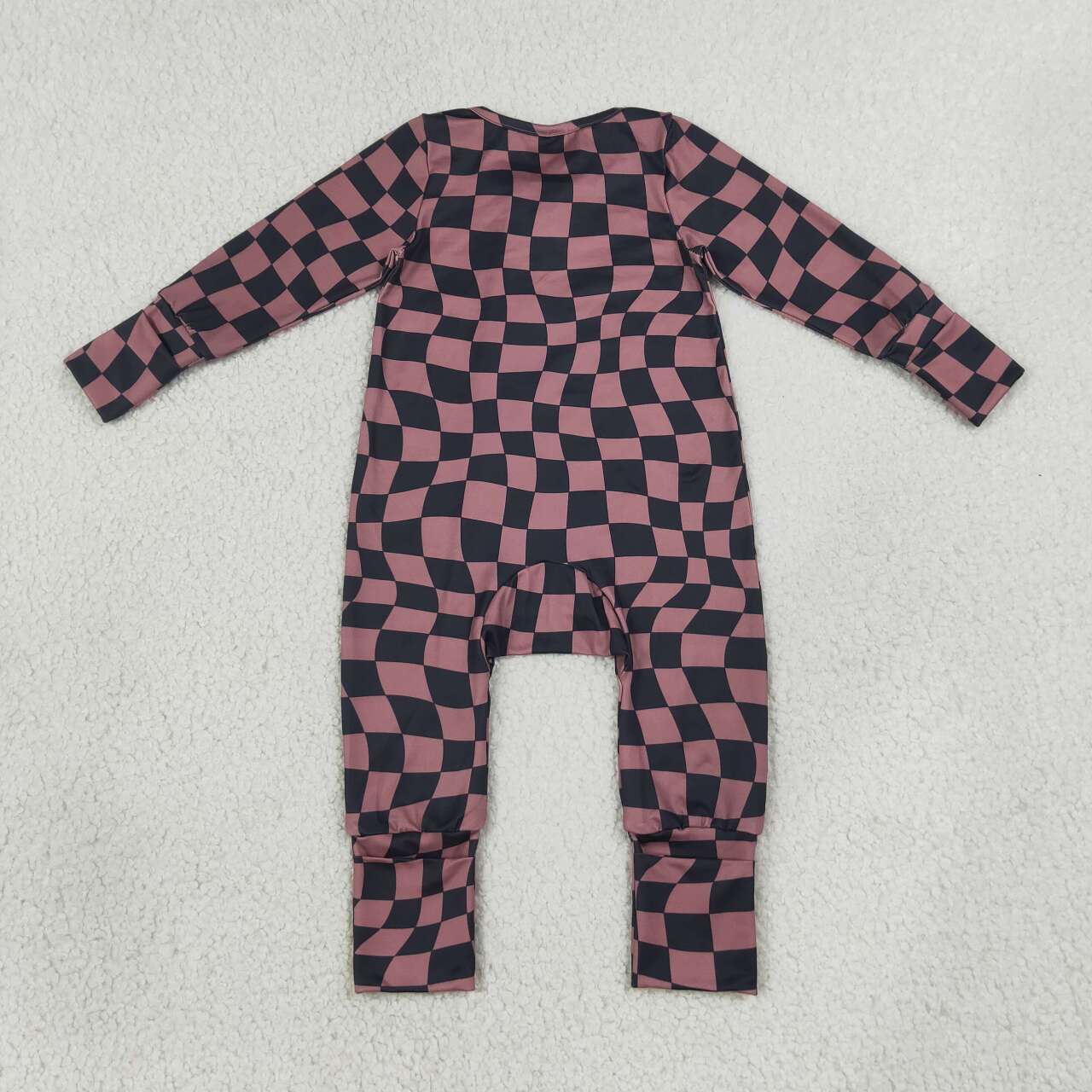 LR3115 Brown Black Wavy Checkerd Baby Long Sleeve Zipper Sleeper Romper