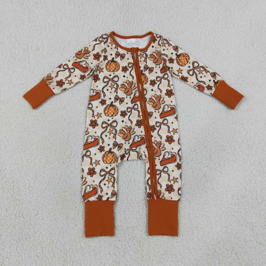 LR3119 Turkey Pie Bows Checkered Print Baby Girls Thanksgiving Zipper Sleeper Romper
