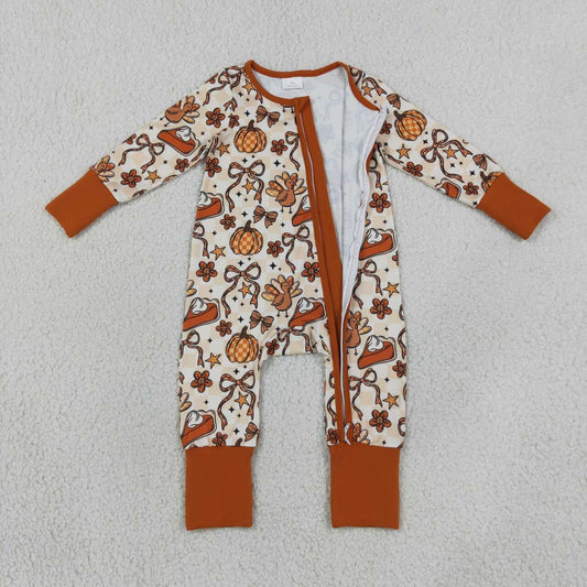 LR3119 Turkey Pie Bows Checkered Print Baby Girls Thanksgiving Zipper Sleeper Romper