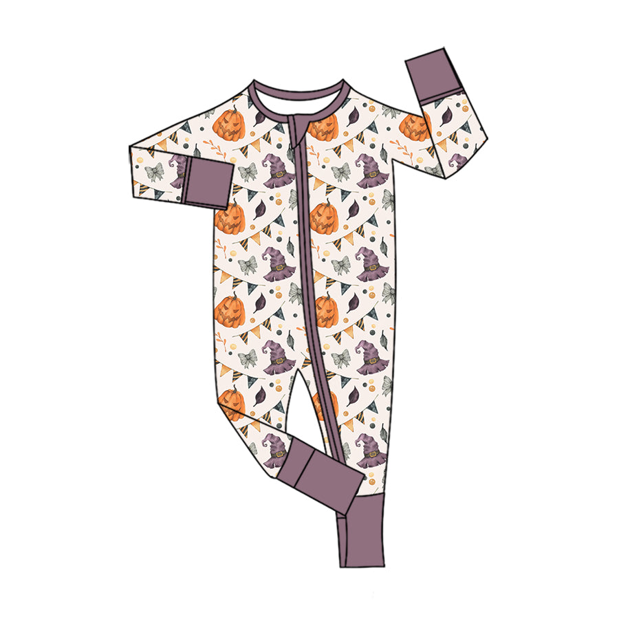 6.24 Preorder LR3123 Pumpkin Bows Print Baby Girls Halloween Zipper Sleeper Romper