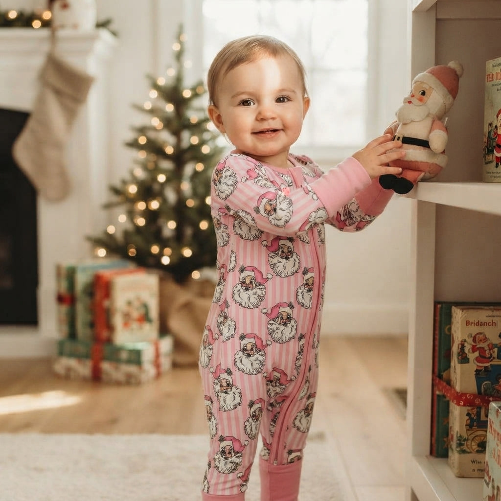 LR3125 Santa Pink Stripes Print Baby Girls Christmas Zipper Sleeper Romper