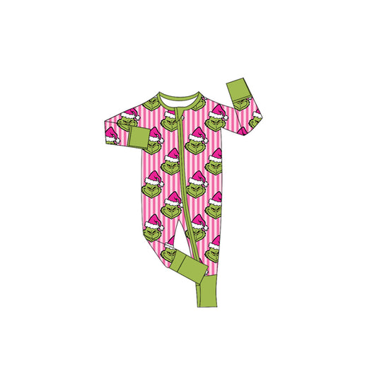 6.27 Preorder LR3126 Green Frog Pink Stripes Print Baby Girls Christmas Zipper Sleeper Romper