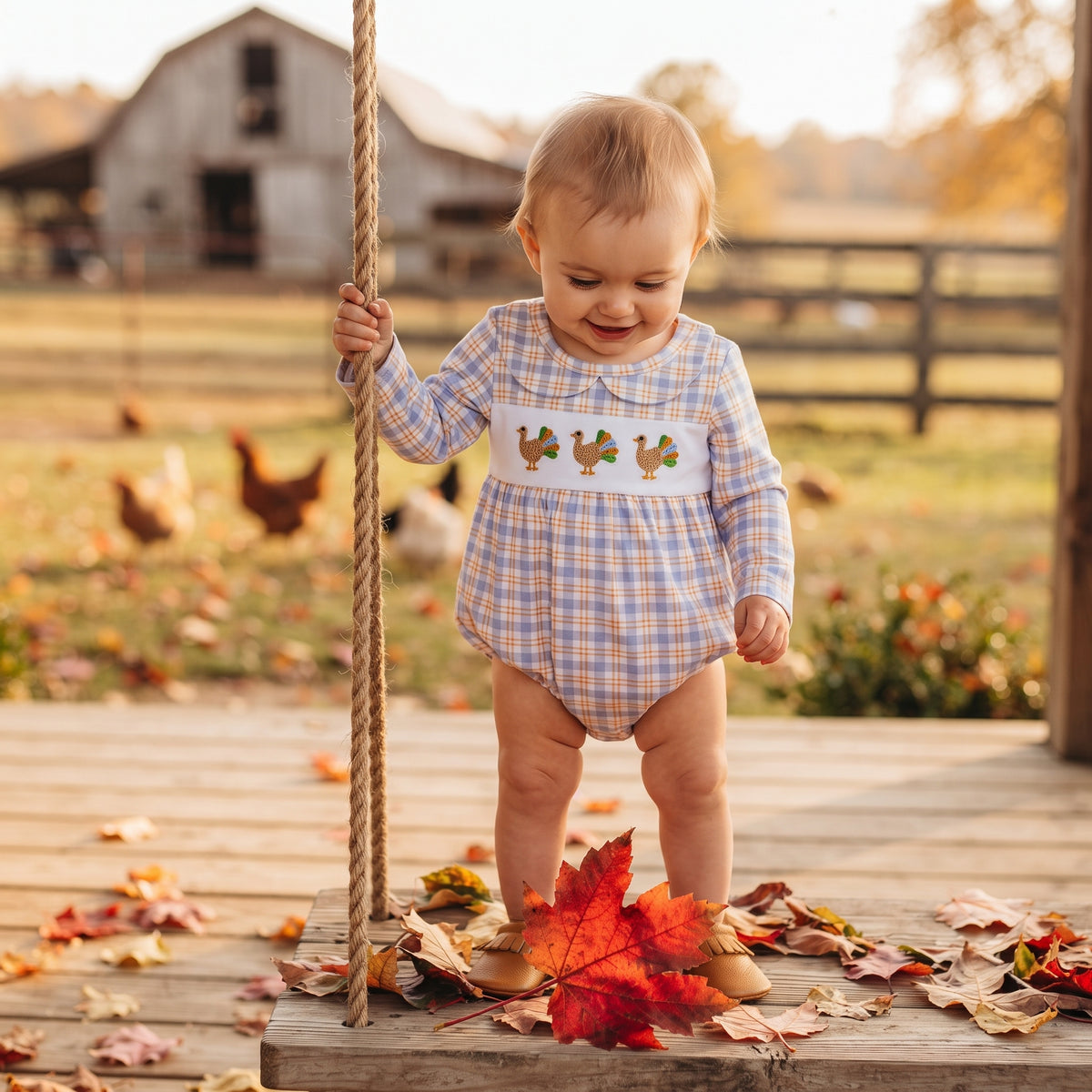 LR3132 Turkey Embroidery Plaid Print Baby Boys Thanksgiving Romper