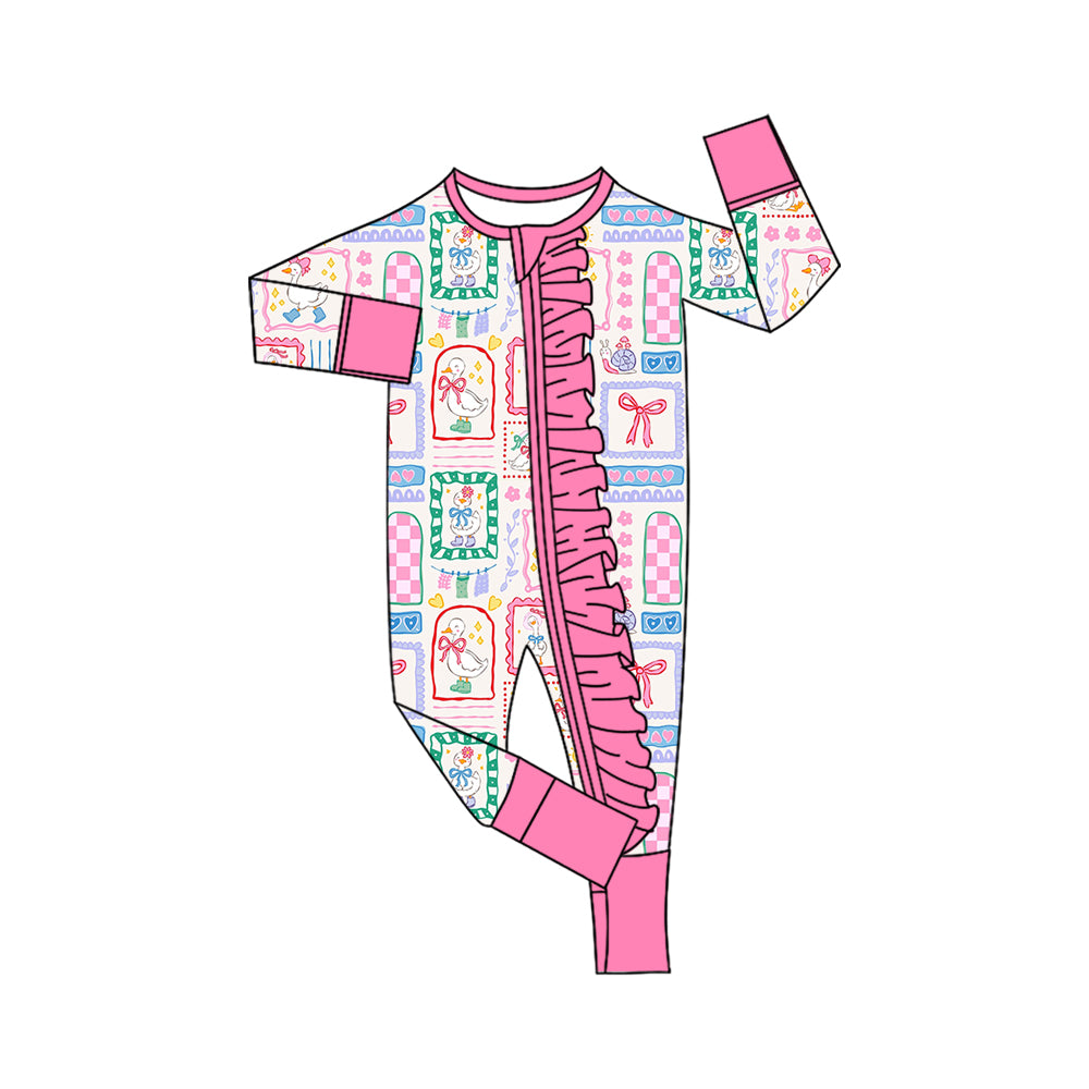 6.29 Preorder Babyu Girl Duck Print Long Sleeve Zipper Romper