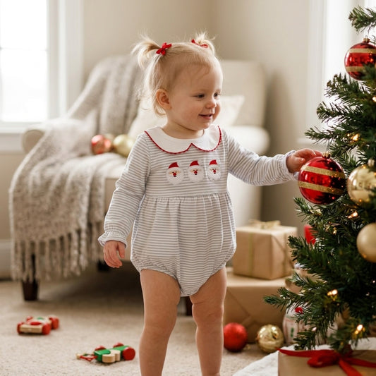 LR3136 Santa Embroidery Blue Stripes Baby Girls Christmas Long Sleeve Bubble Romper