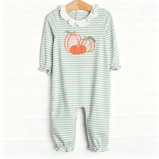 7.4 Preorder LR3137 Pumpkin Green Stripes Print Baby Girls Fall Romper