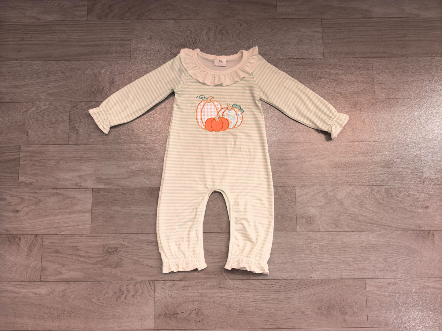 7.4 Preorder LR3137 Pumpkin Green Stripes Print Baby Girls Fall Romper