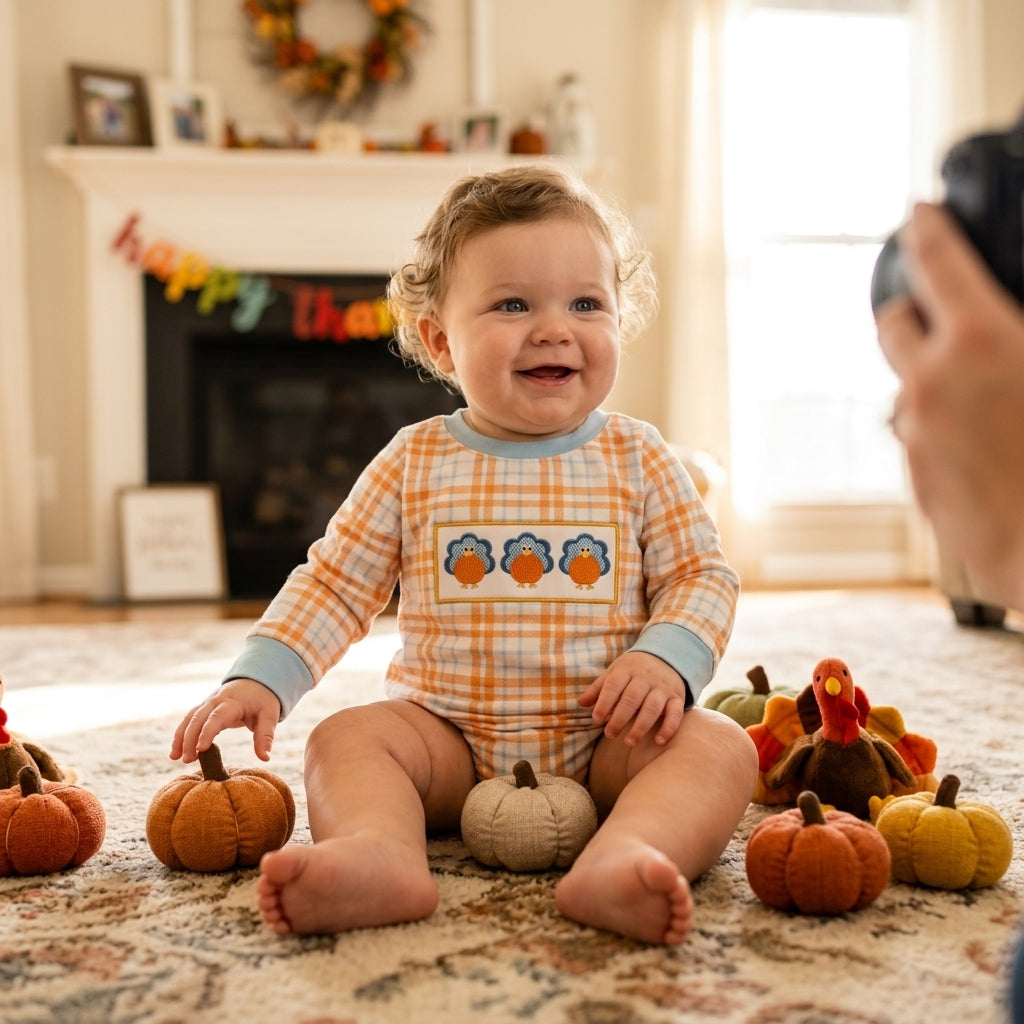 LR3138 Pumpkin Turkey Orange Checkerd Print Baby Boys Thanksgiving Romper