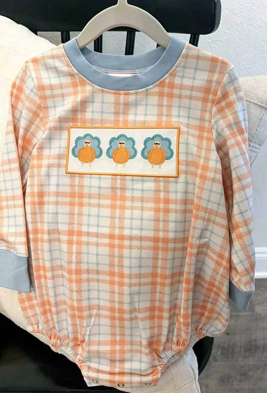 7.4 Preorder LR3138 Pumpkin Turkey Orange Checkerd Print Baby Boys Thanksgiving Romper