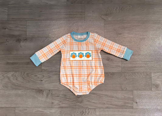 7.4 Preorder LR3138 Pumpkin Turkey Orange Checkerd Print Baby Boys Thanksgiving Romper