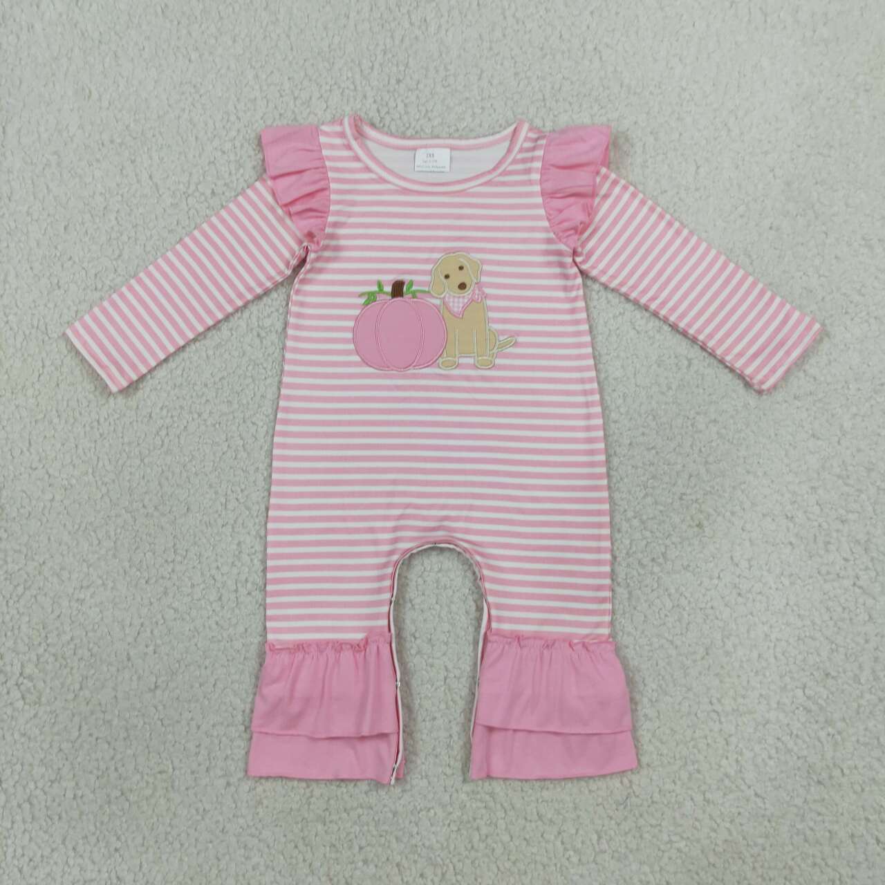 Sibling Baby Girls Embroidery Pink Pumpkin Dog Outfit + Romper